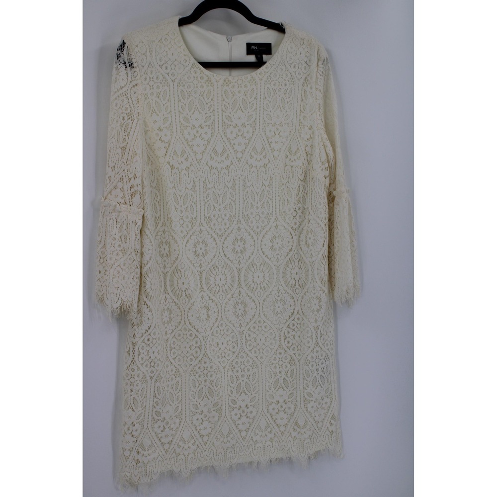 RN Studio Dress Womens 16 Cream Lace Bell Sleeve Shift Lined Sheath Scallop Hem